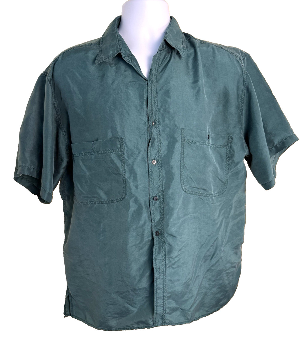 Vtg 90 Reputation Men’s Silk Camp Shirt large emerald green Gorpcore Streetwear